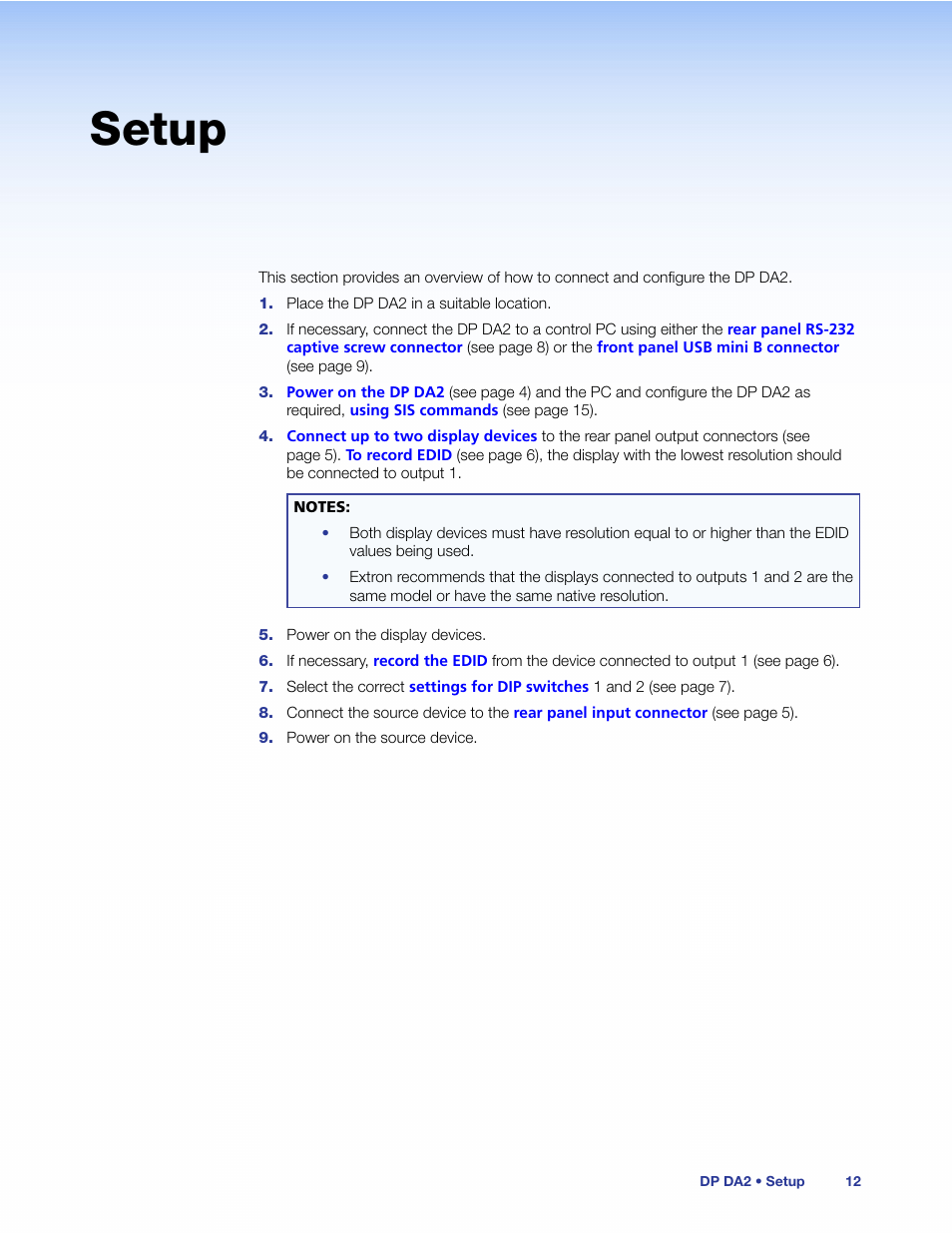 Setup | Extron Electronics DP DA2 User Guide User Manual | Page 18 / 30