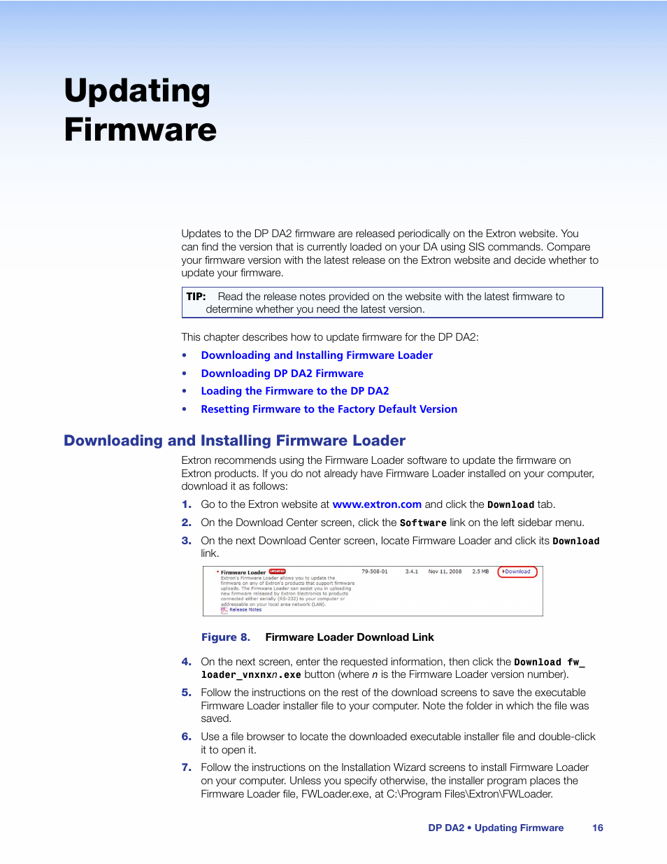 Updating firmware, Downloading and installing firmware loader | Extron Electronics DP DA2 User Guide User Manual | Page 22 / 30