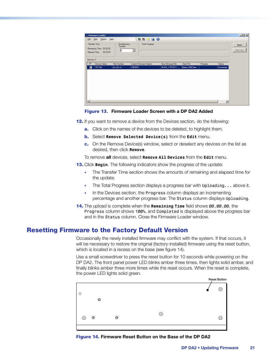 Resetting firmware to the factory default version, Resetting firmware to the, Factory default version | Extron Electronics DP DA2 User Guide User Manual | Page 27 / 30