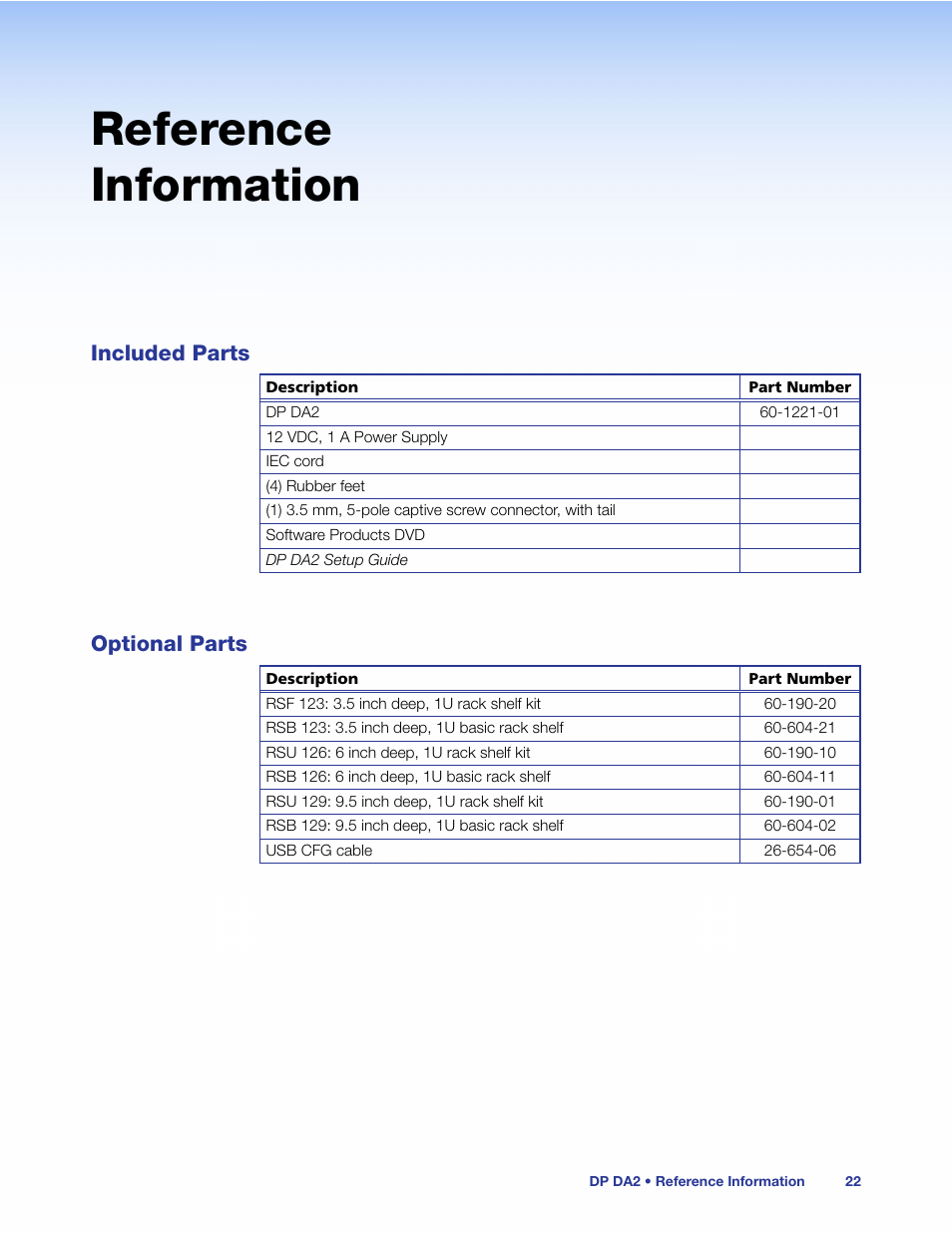 Reference information, Included parts, Optional parts | Included parts optional parts | Extron Electronics DP DA2 User Guide User Manual | Page 28 / 30