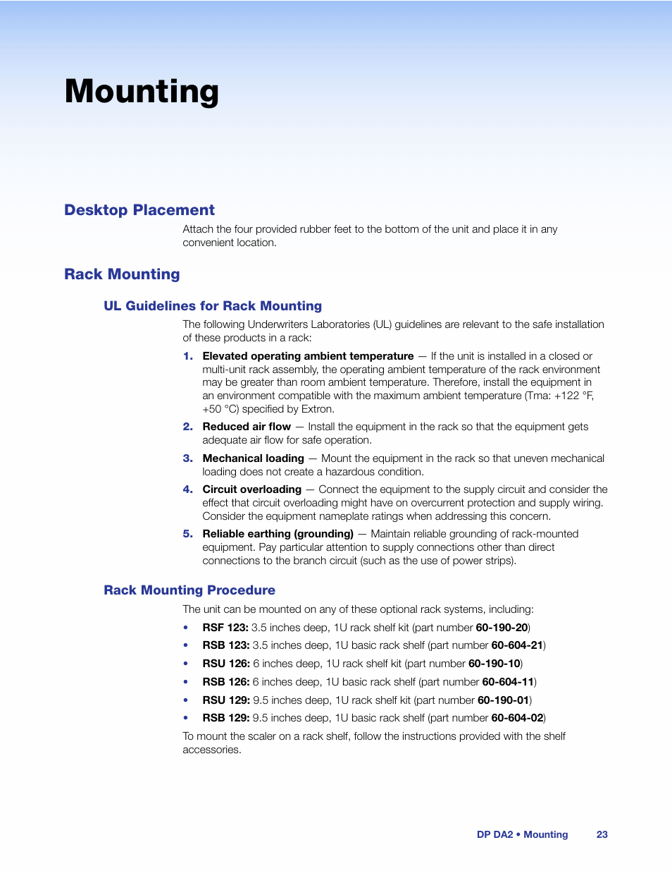 Mounting, Desktop placement, Rack mounting | Ul guidelines for rack mounting, Rack mounting procedure, Desktop placement rack mounting | Extron Electronics DP DA2 User Guide User Manual | Page 29 / 30