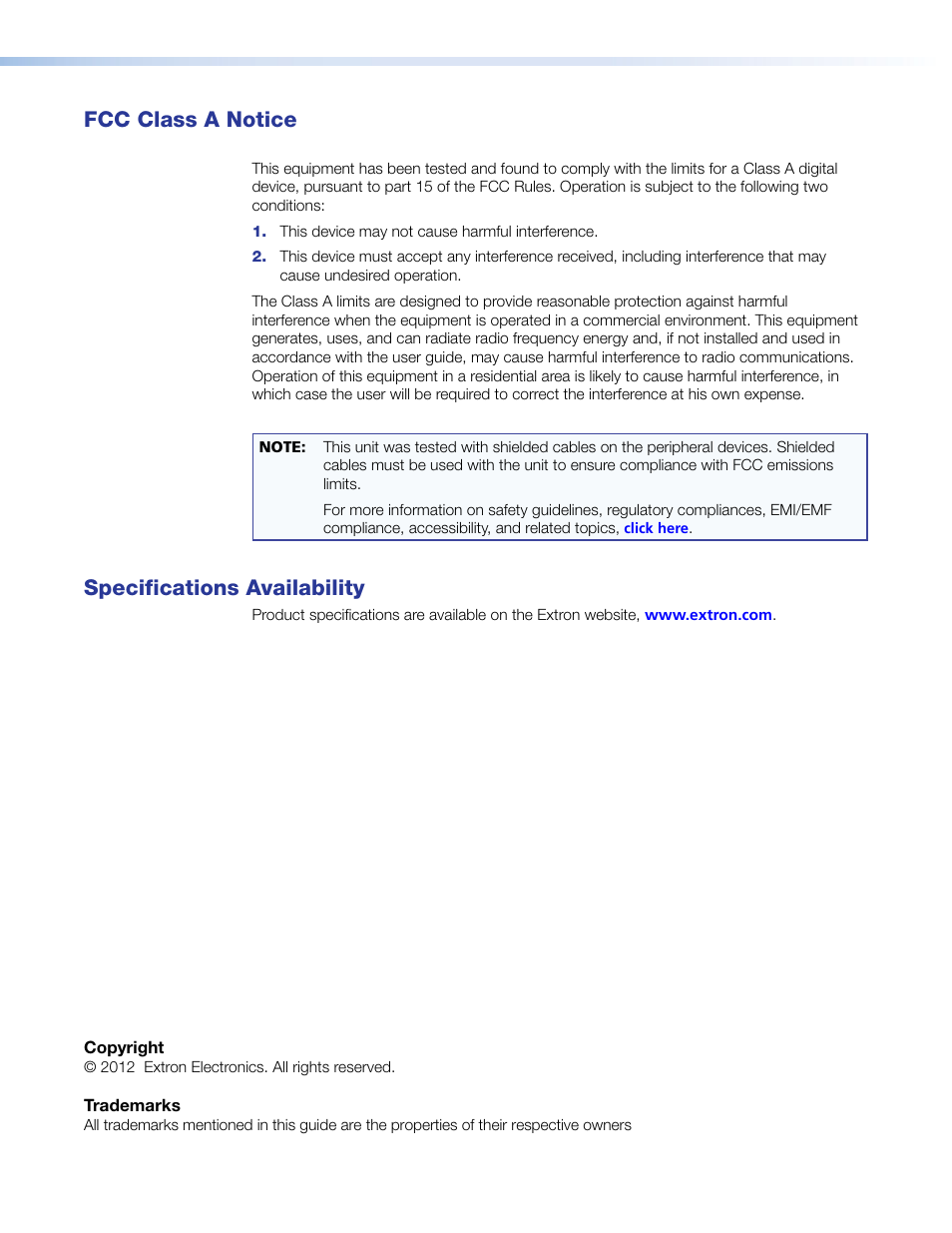 Fcc class a notice, Specifications availability | Extron Electronics DP DA2 User Guide User Manual | Page 3 / 30