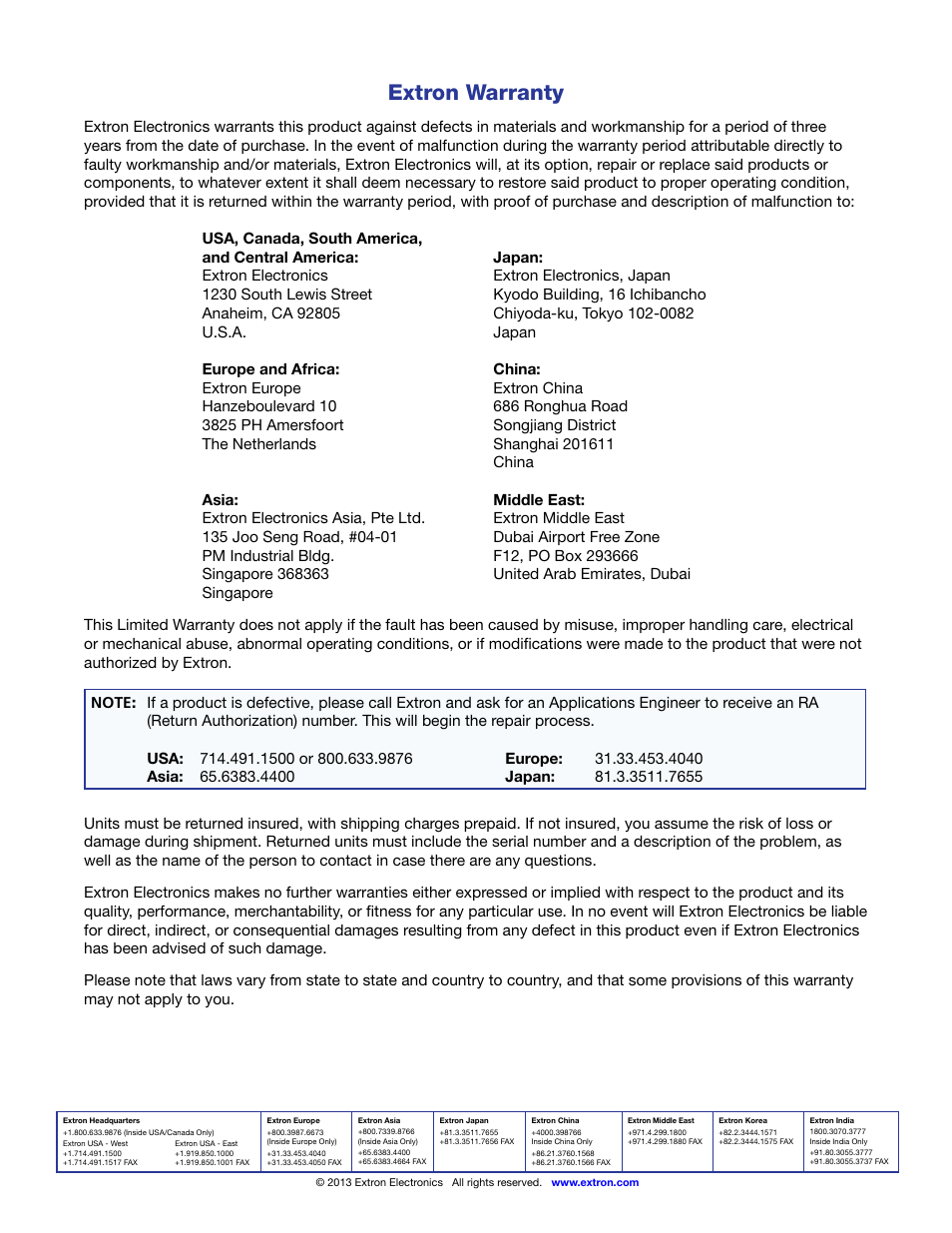Extron warranty, Extron contact information | Extron Electronics DP DA2 User Guide User Manual | Page 30 / 30