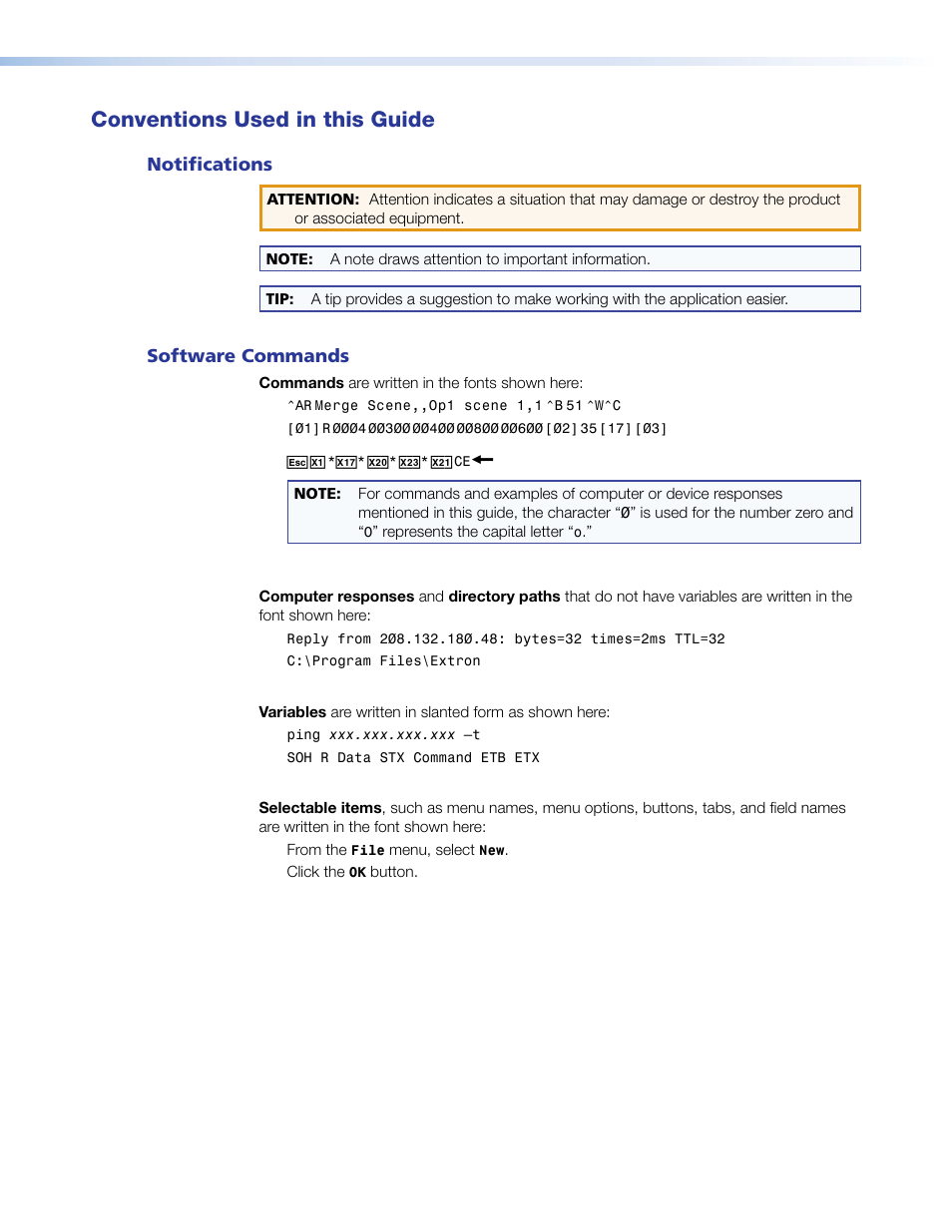 Conventions used in this guide, Notifications, Software commands | Extron Electronics DP DA2 User Guide User Manual | Page 4 / 30