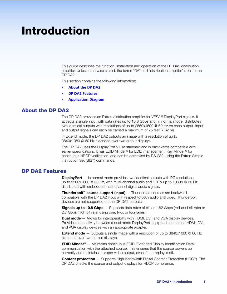 Introduction, About the dp da2, Dp da2 features | About the dp da2 dp da2 features | Extron Electronics DP DA2 User Guide User Manual | Page 7 / 30