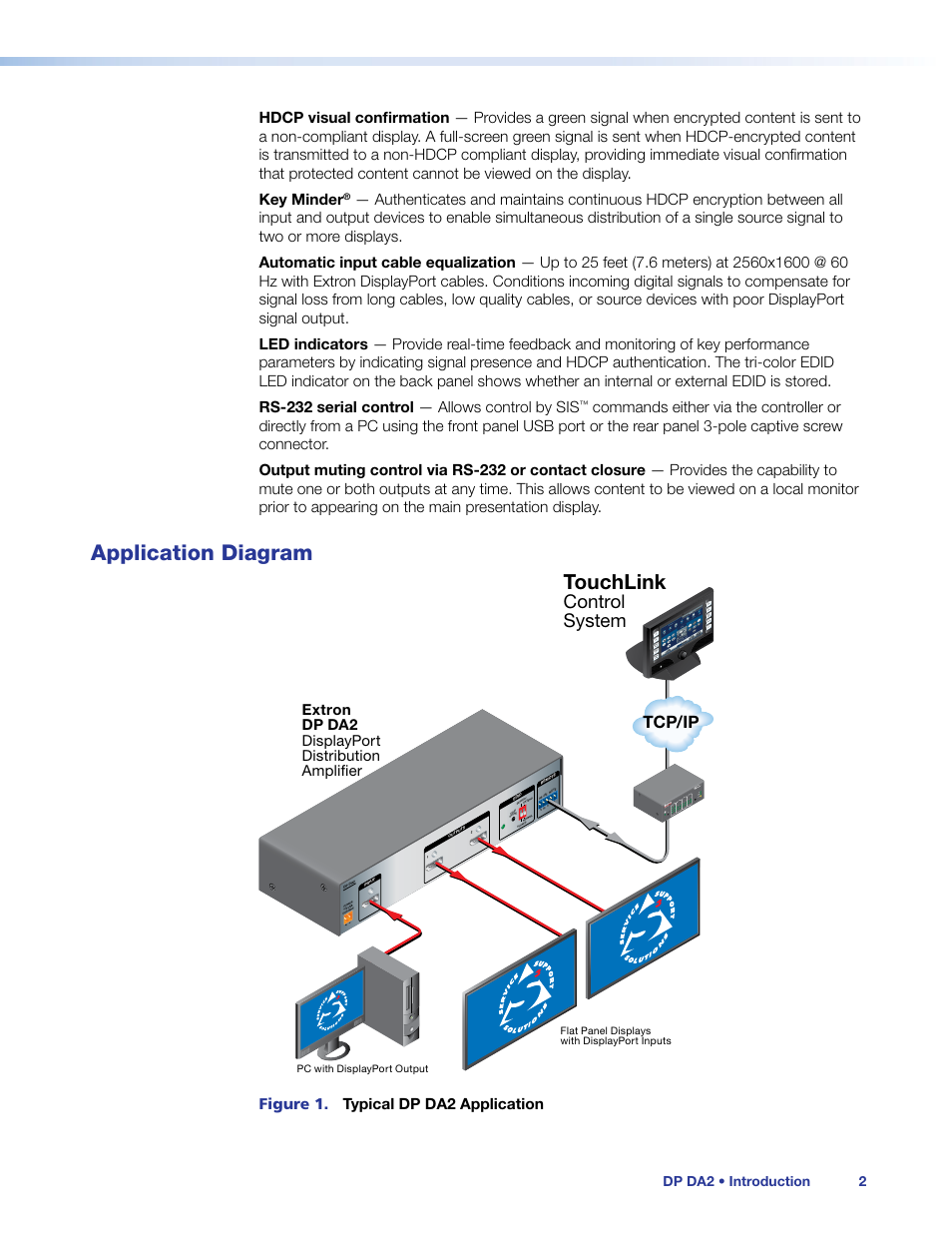 Application diagram, Touchlink, Control system | Tcp/ip, Extron dp da2 displayport distribution amplifier, Figure 1. typical dp da2 application | Extron Electronics DP DA2 User Guide User Manual | Page 8 / 30