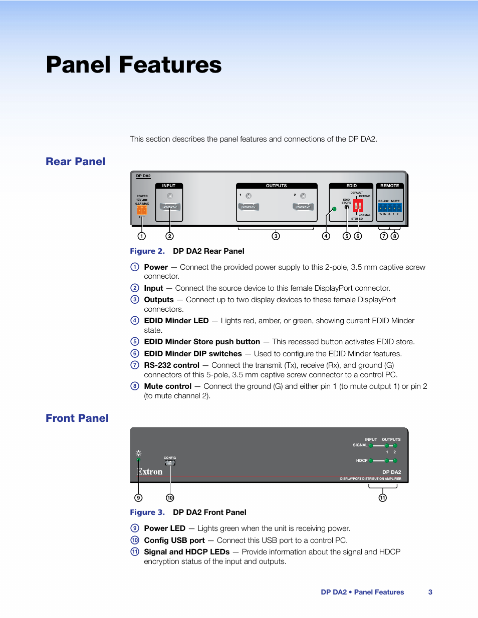 Panel features, Rear panel, Front panel | Rear panel front panel, Ij k | Extron Electronics DP DA2 User Guide User Manual | Page 9 / 30