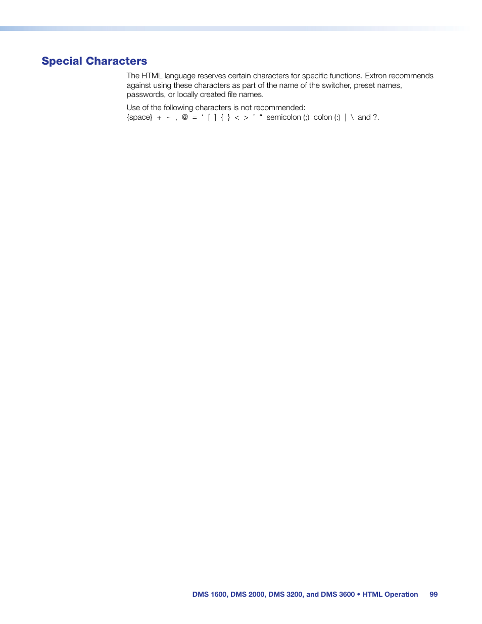 Special characters | Extron Electronics DMS 1600_2000_3200_3600 User Guide User Manual | Page 105 / 121