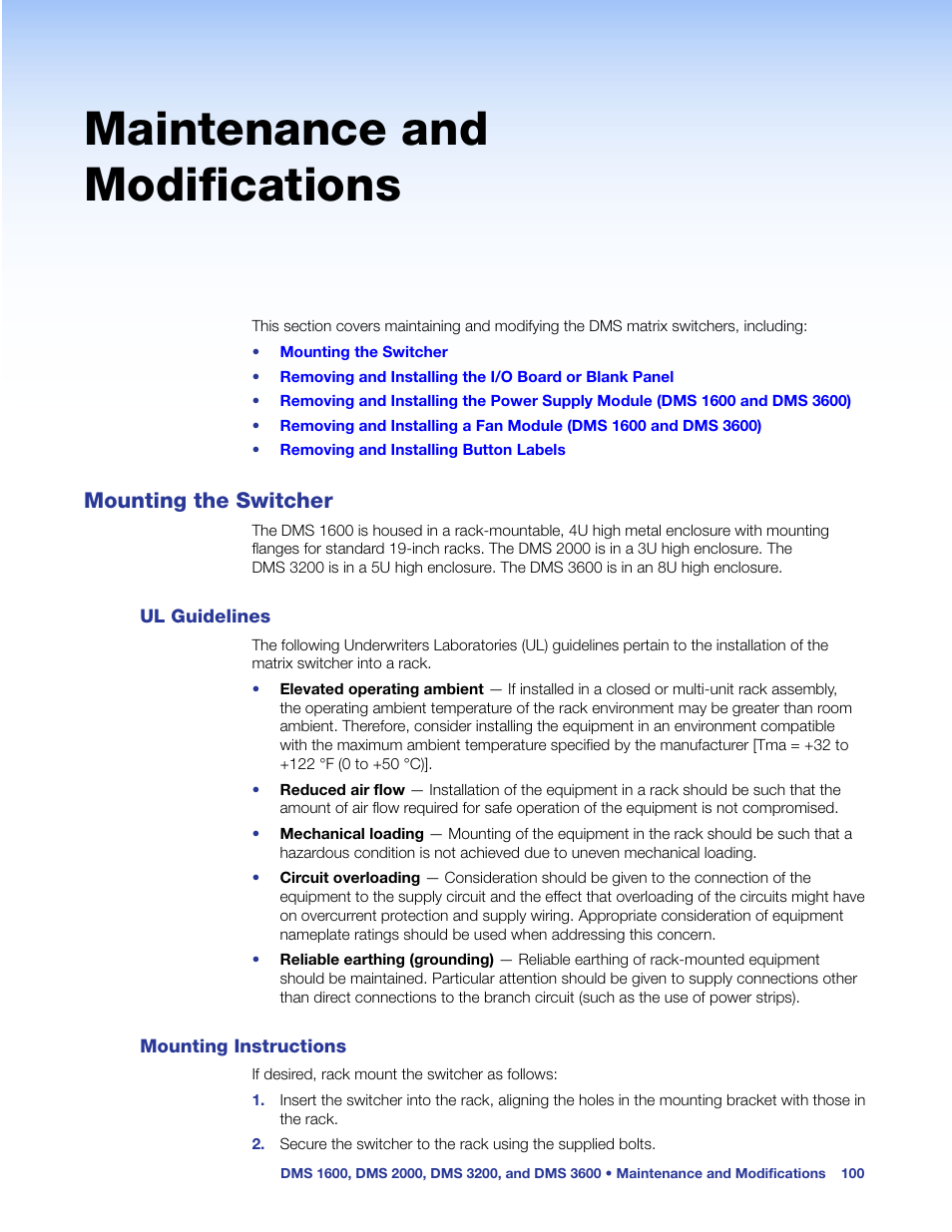 Maintenance and modifications, Mounting the switcher, Ul guidelines | Ul guidelines mounting instructions, Install the switcher in a rack, Optional) | Extron Electronics DMS 1600_2000_3200_3600 User Guide User Manual | Page 106 / 121