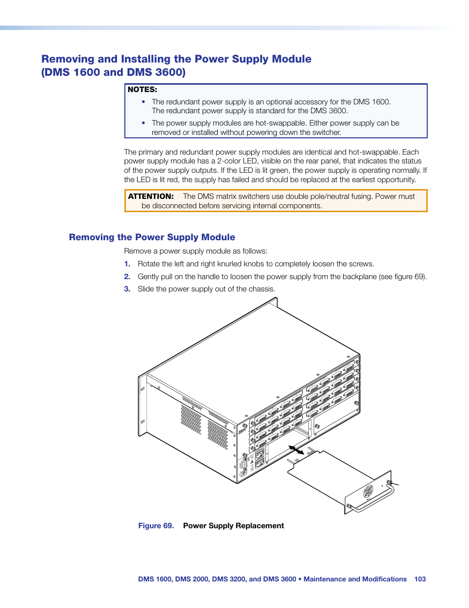 Installing the i/o board or blank panel, Removing and installing the power supply, Module (dms 1600 and dms 3600) | Removing the power supply module, Tolerances or has failed (see, Removing and installing the power supply module, Dms 1600 and dms 3600), Removing and, Figure 69. power supply replacement, Align with plastic chassis guides. knurled knobs | Extron Electronics DMS 1600_2000_3200_3600 User Guide User Manual | Page 109 / 121