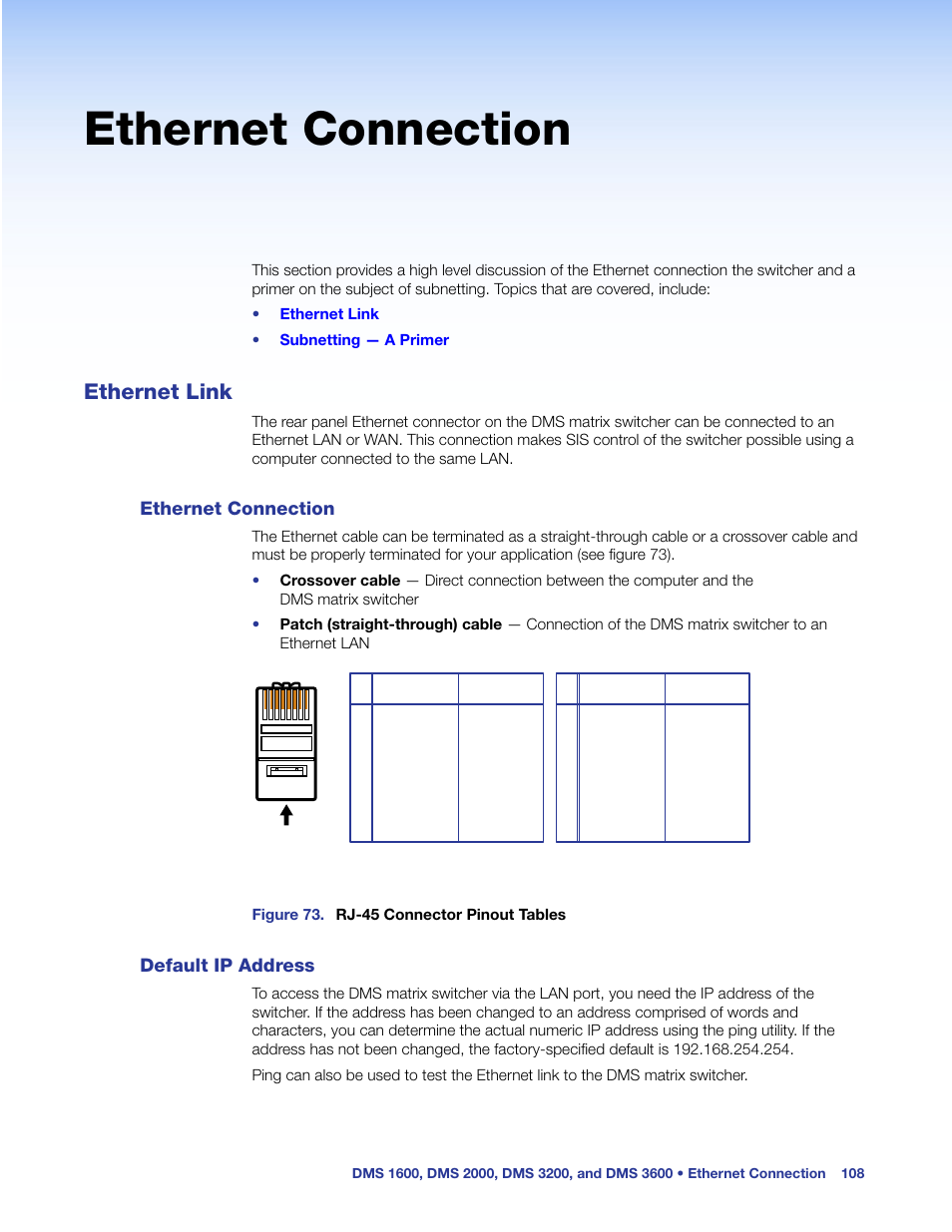 Ethernet connection, Ethernet link, Default ip address | Ethernet connection default ip address, Figure 73. rj-45 connector pinout tables | Extron Electronics DMS 1600_2000_3200_3600 User Guide User Manual | Page 114 / 121