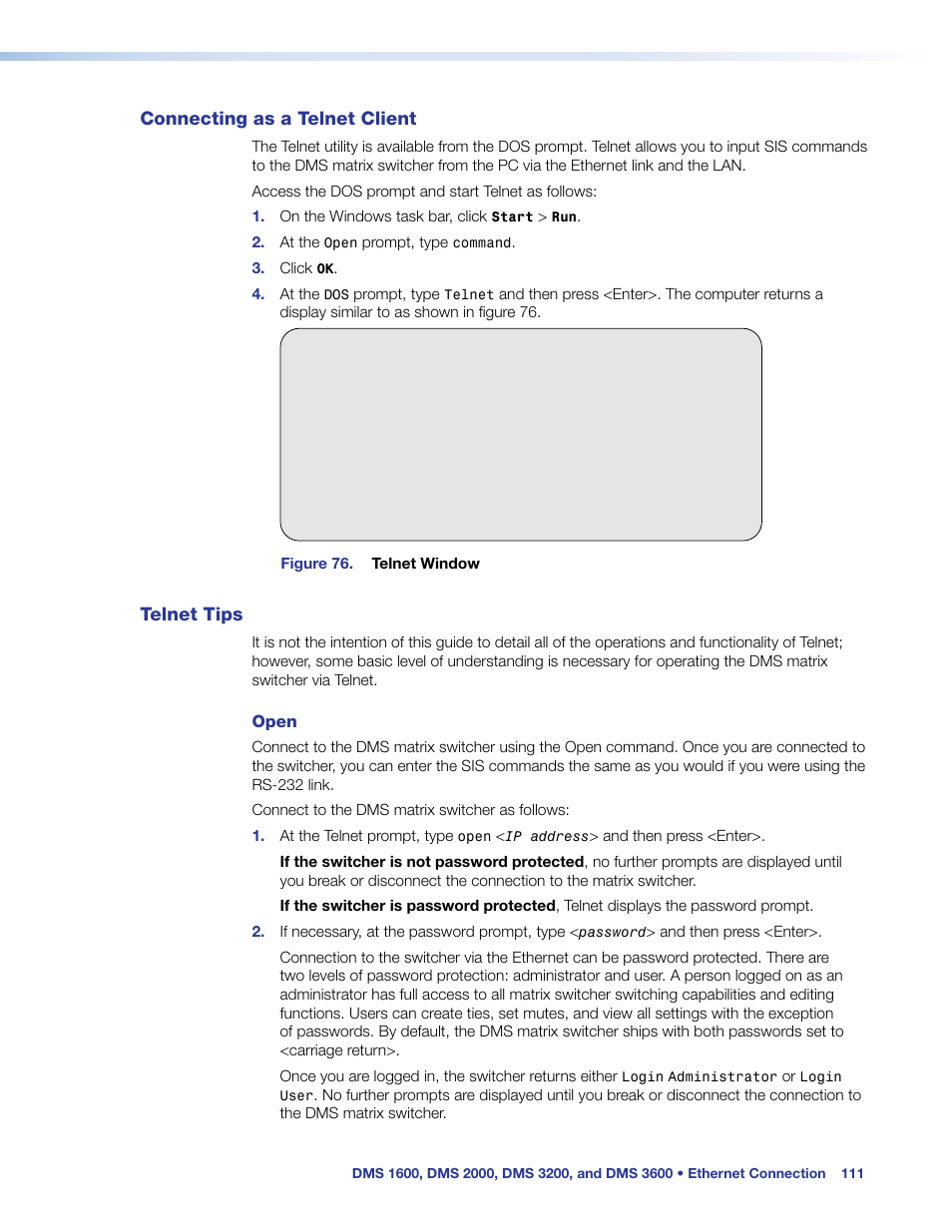 Connecting as a telnet client, Telnet tips, Connecting as a telnet client telnet tips | Extron Electronics DMS 1600_2000_3200_3600 User Guide User Manual | Page 117 / 121