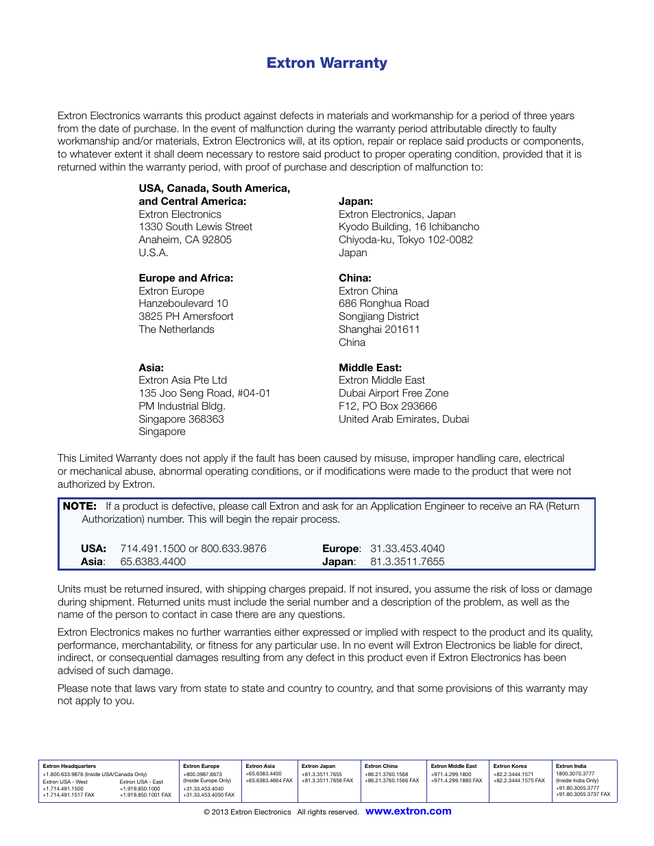 Warranty and contact info, Extron warranty | Extron Electronics DMS 1600_2000_3200_3600 User Guide User Manual | Page 121 / 121
