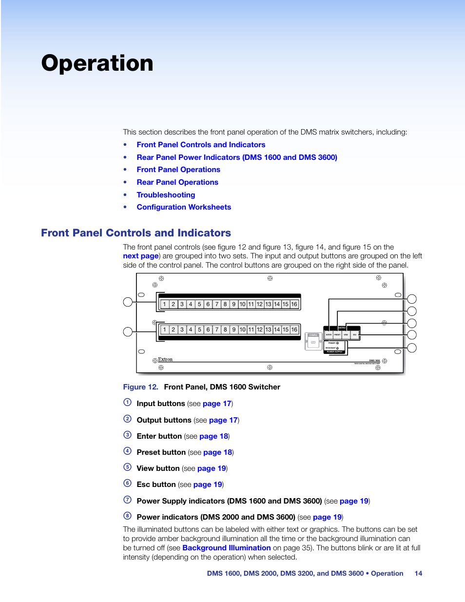 Operation, Front panel controls and indicators | Extron Electronics DMS 1600_2000_3200_3600 User Guide User Manual | Page 20 / 121