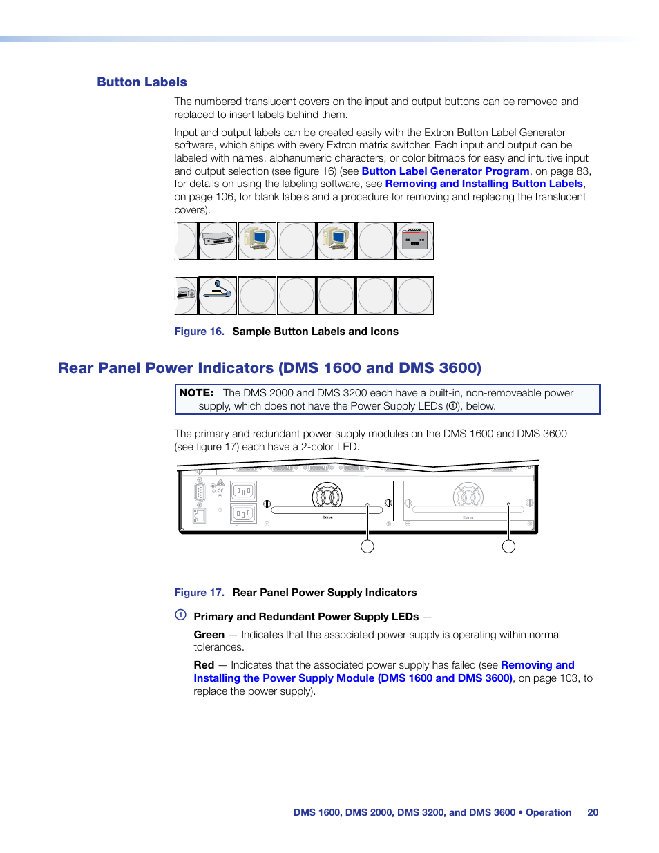 Button labels, Rear panel power indicators, Dms 1600 and dms 3600) | Extron Electronics DMS 1600_2000_3200_3600 User Guide User Manual | Page 26 / 121