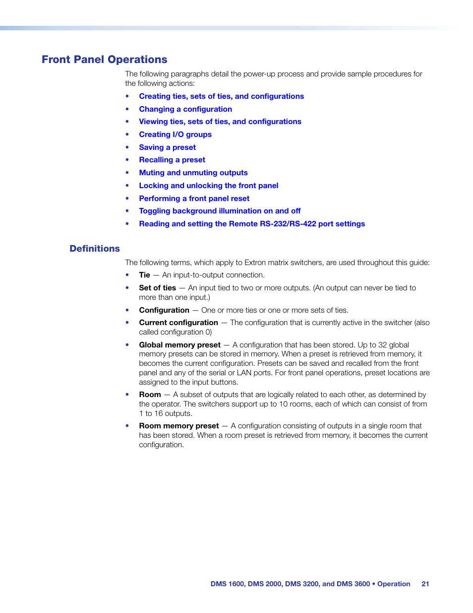 Front panel operations, Definitions | Extron Electronics DMS 1600_2000_3200_3600 User Guide User Manual | Page 27 / 121