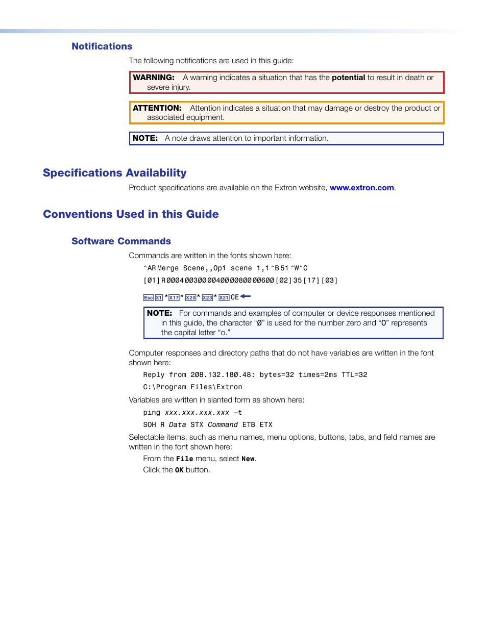 Specifications availability, Conventions used in this guide | Extron Electronics DMS 1600_2000_3200_3600 User Guide User Manual | Page 4 / 121