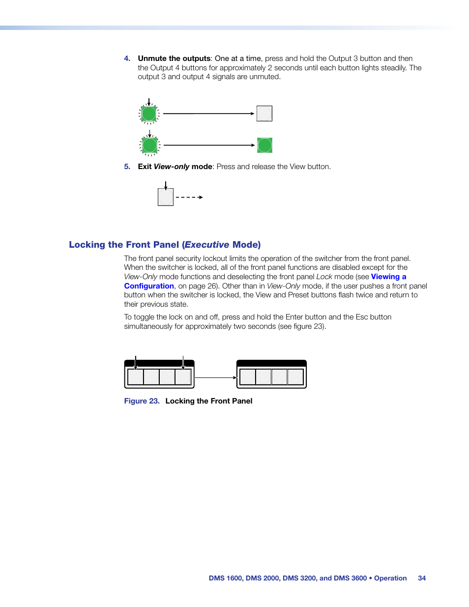 Locking the front panel (executive mode), Front panel lock, Locking and unlocking the front panel | Locking the front panel ( executive mode) | Extron Electronics DMS 1600_2000_3200_3600 User Guide User Manual | Page 40 / 121