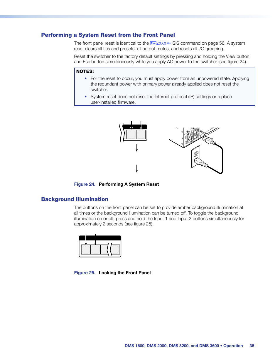 Performing a system reset from the front panel, Background illumination, Performing a system reset from | The front panel, F (see, Performing a front panel reset, Toggling background illumination on and off | Extron Electronics DMS 1600_2000_3200_3600 User Guide User Manual | Page 41 / 121