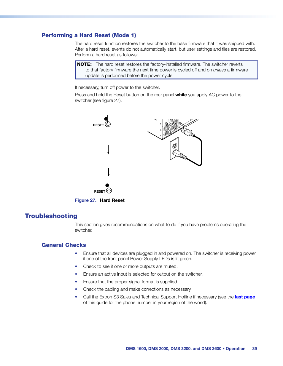 Performing a hard reset (mode 1), Troubleshooting, General checks | Extron Electronics DMS 1600_2000_3200_3600 User Guide User Manual | Page 45 / 121
