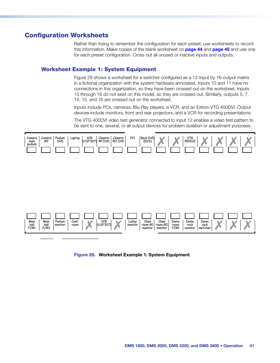 Configuration worksheets, Worksheet example 1: system equipment, Figure 28. worksheet example 1: system equipment | Extron Electronics DMS 1600_2000_3200_3600 User Guide User Manual | Page 47 / 121