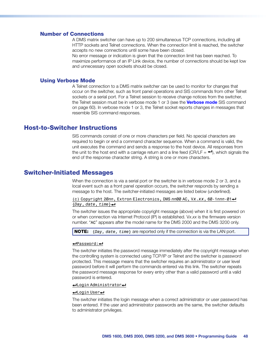 Host-to-switcher instructions, Switcher-initiated messages | Extron Electronics DMS 1600_2000_3200_3600 User Guide User Manual | Page 54 / 121
