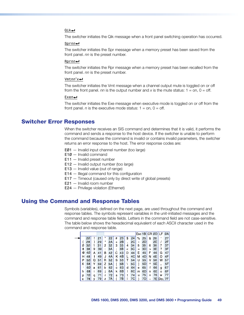 Switcher error responses, Using the command/response tables, Using the command and response tables | Extron Electronics DMS 1600_2000_3200_3600 User Guide User Manual | Page 55 / 121