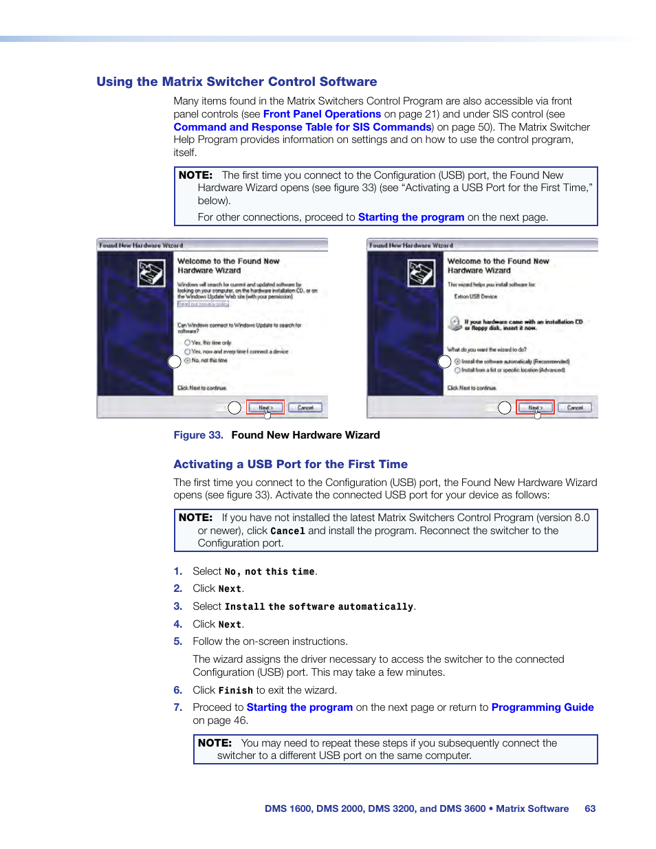 Using the matrix switcher control software, Activating a usb port for the first time | Extron Electronics DMS 1600_2000_3200_3600 User Guide User Manual | Page 69 / 121