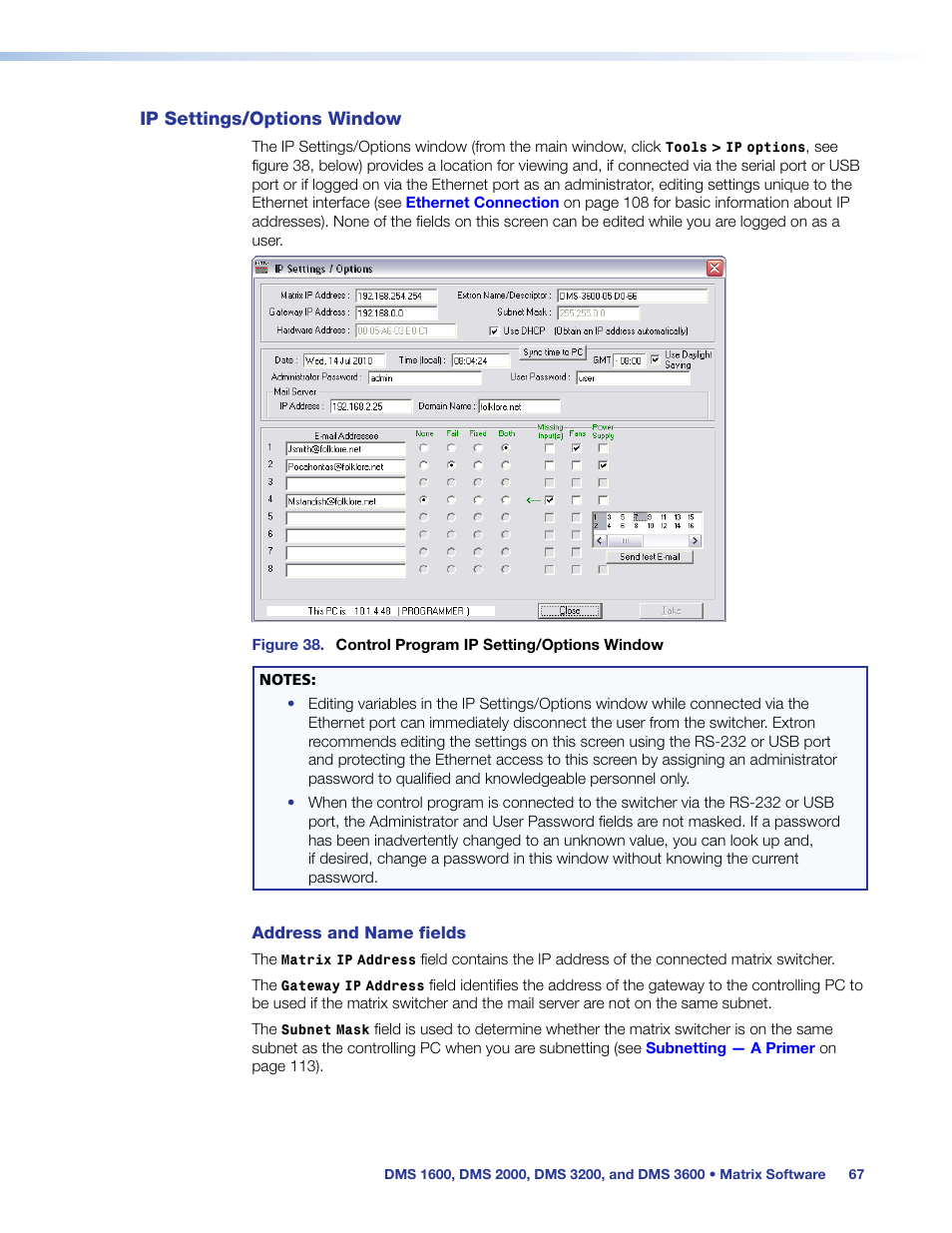 Ip settings/options window, The ip settings/options window (see, Figure 38 | Net interface (see, Ip settings/options, Window | Extron Electronics DMS 1600_2000_3200_3600 User Guide User Manual | Page 73 / 121