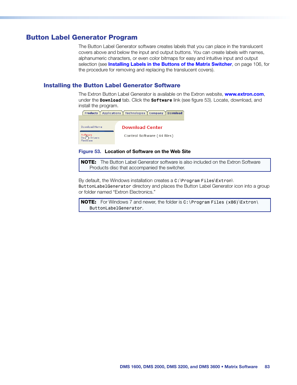 Button label generator program, Installing the button label generator software, Installing the button label generator | Software, Eate, And r | Extron Electronics DMS 1600_2000_3200_3600 User Guide User Manual | Page 89 / 121