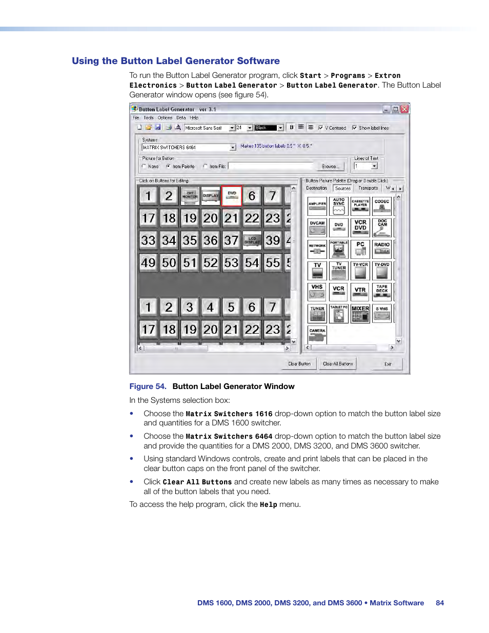 Using the button label generator software | Extron Electronics DMS 1600_2000_3200_3600 User Guide User Manual | Page 90 / 121