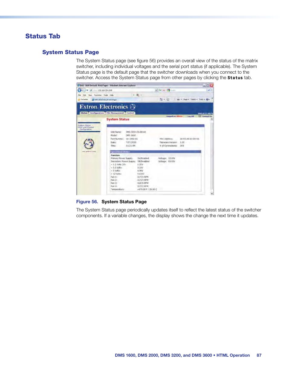 Status tab | Extron Electronics DMS 1600_2000_3200_3600 User Guide User Manual | Page 93 / 121
