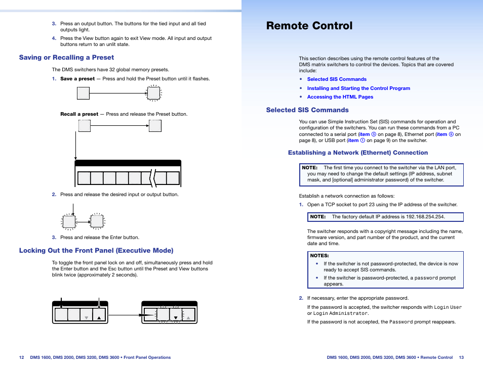 Saving or recalling a preset, Locking out the front panel (executive mode), Remote control | Selected sis commands, Establishing a network (ethernet) connection, Executive mode), Establishing a network, Ethernet) connection | Extron Electronics DMS 1600_2000_3200_3600 Setup Guide User Manual | Page 10 / 25