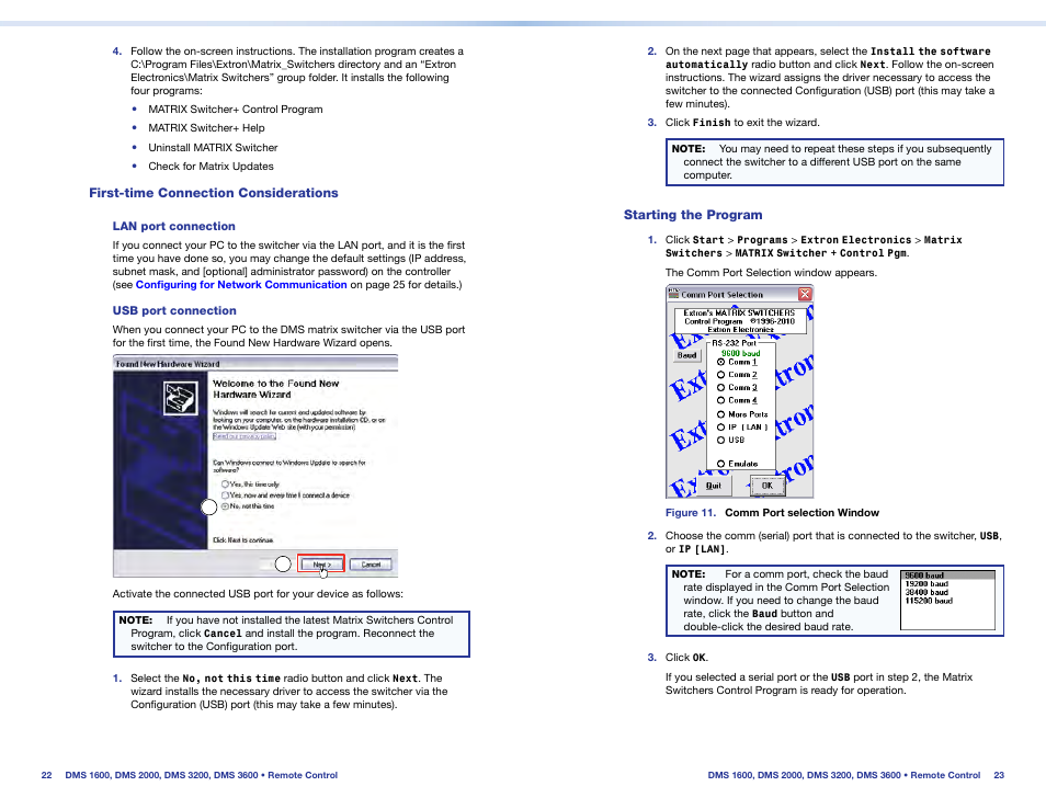 First-time connection considerations, Lan port connection, Usb port connection | Starting the program, First-time connection, Considerations | Extron Electronics DMS 1600_2000_3200_3600 Setup Guide User Manual | Page 17 / 25
