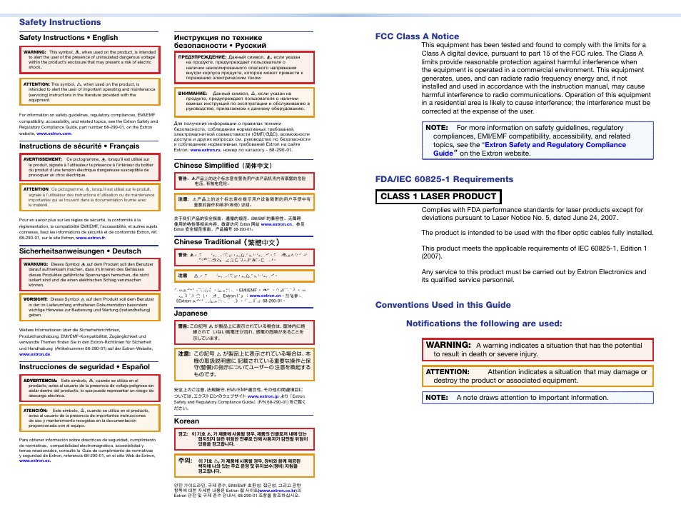 Safety instructions, Fcc class a notice, Safety instructions • english | Instructions de sécurité • français, Sicherheitsanweisungen • deutsch, Instrucciones de seguridad • español, Chinese simplified, Chinese traditional, Japanese, Korean | Extron Electronics DMS 1600_2000_3200_3600 Setup Guide User Manual | Page 2 / 25