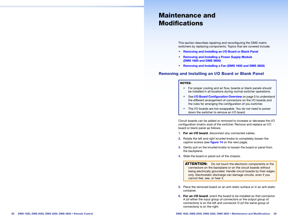Maintenance and modifications, Removing and installing an i/o, Board or blank panel | Install the input and output boards, Reconfigure, The switcher by adding or r | Extron Electronics DMS 1600_2000_3200_3600 Setup Guide User Manual | Page 20 / 25