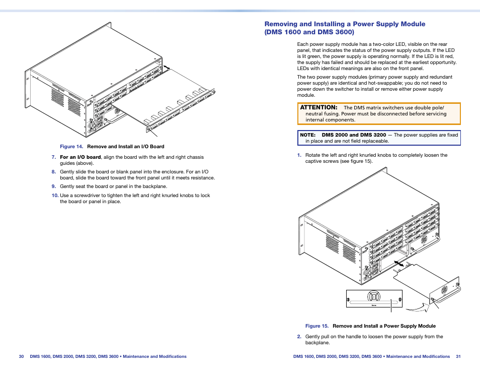 Removing and installing a, Power supply module (dms 1600 and dms 3600), Outside the normal tolerances or has failed (see | Removing and, Removing and installing a power supply module, Ews (see, Figure 1 | Extron Electronics DMS 1600_2000_3200_3600 Setup Guide User Manual | Page 21 / 25