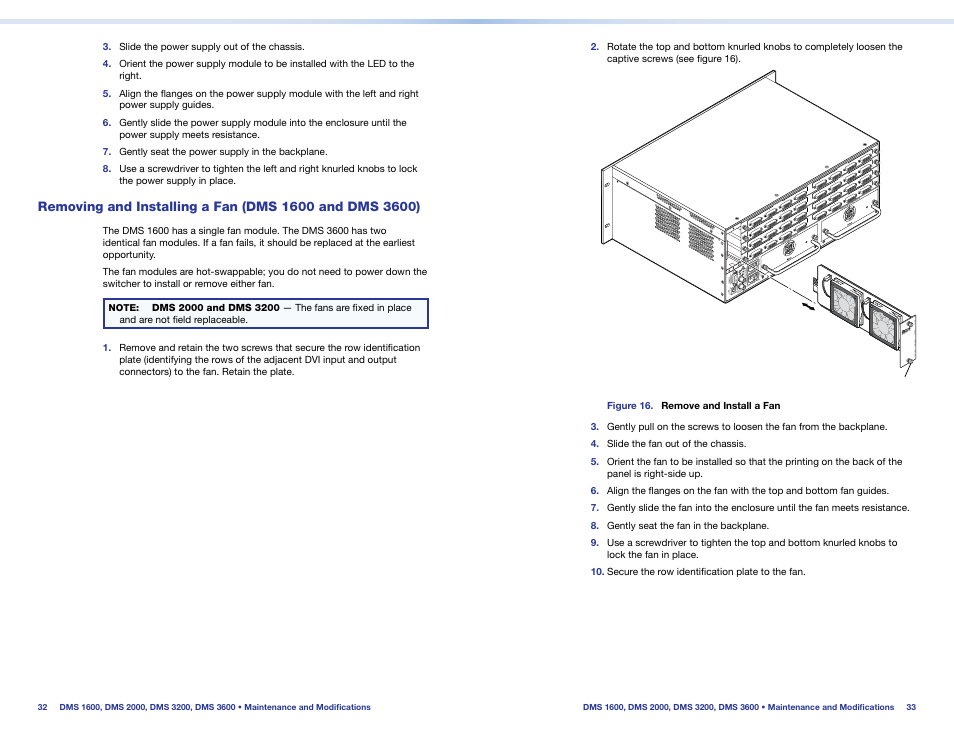 Removing and installing a fan, Dms 1600 and dms 3600), Removing and | Installing a fan (dms 1600 and dms 3600) | Extron Electronics DMS 1600_2000_3200_3600 Setup Guide User Manual | Page 22 / 25