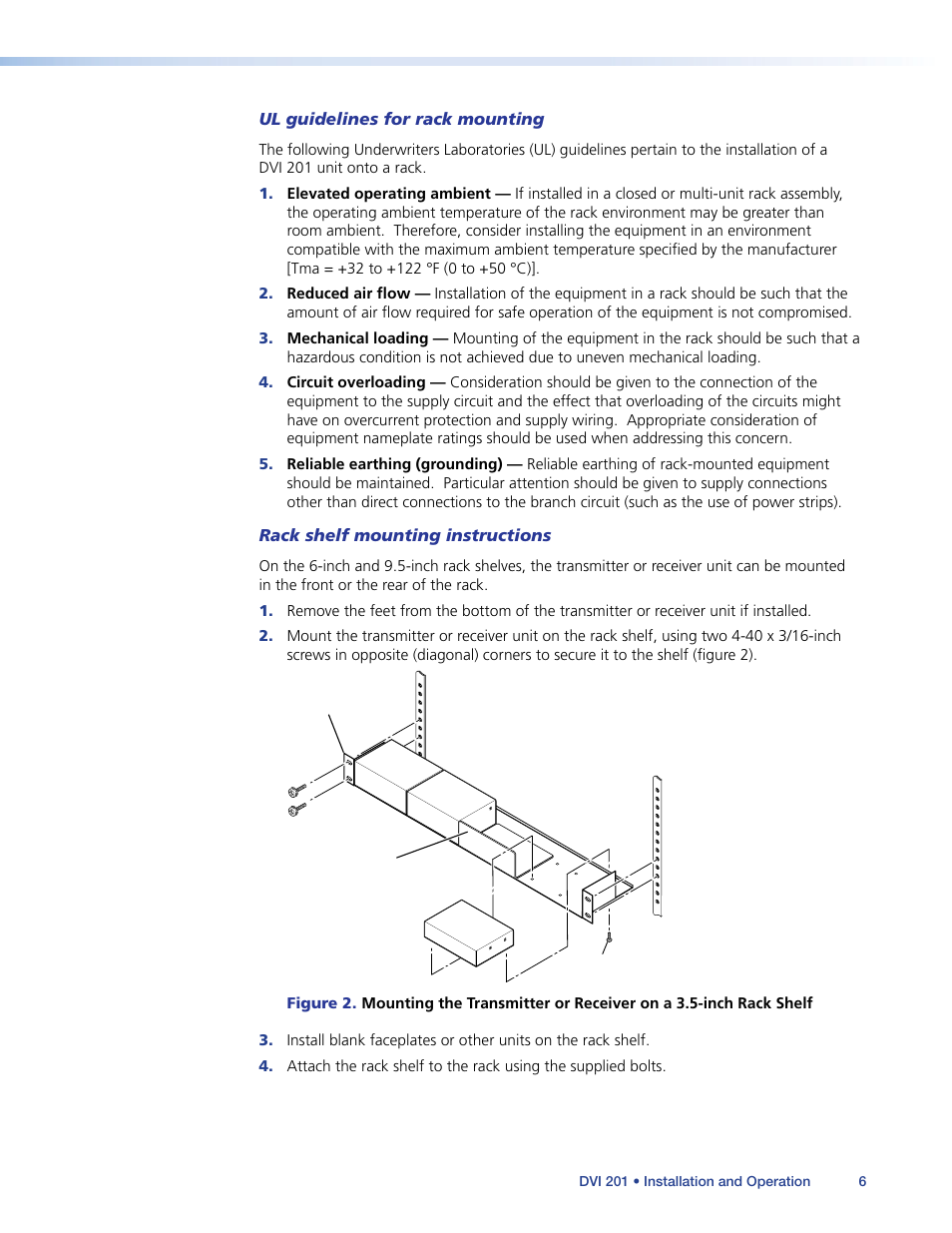 Figure 2, Ul guidelines for rack mounting, Rack shelf mounting instructions | Extron Electronics DVI 201 User Guide User Manual | Page 10 / 40