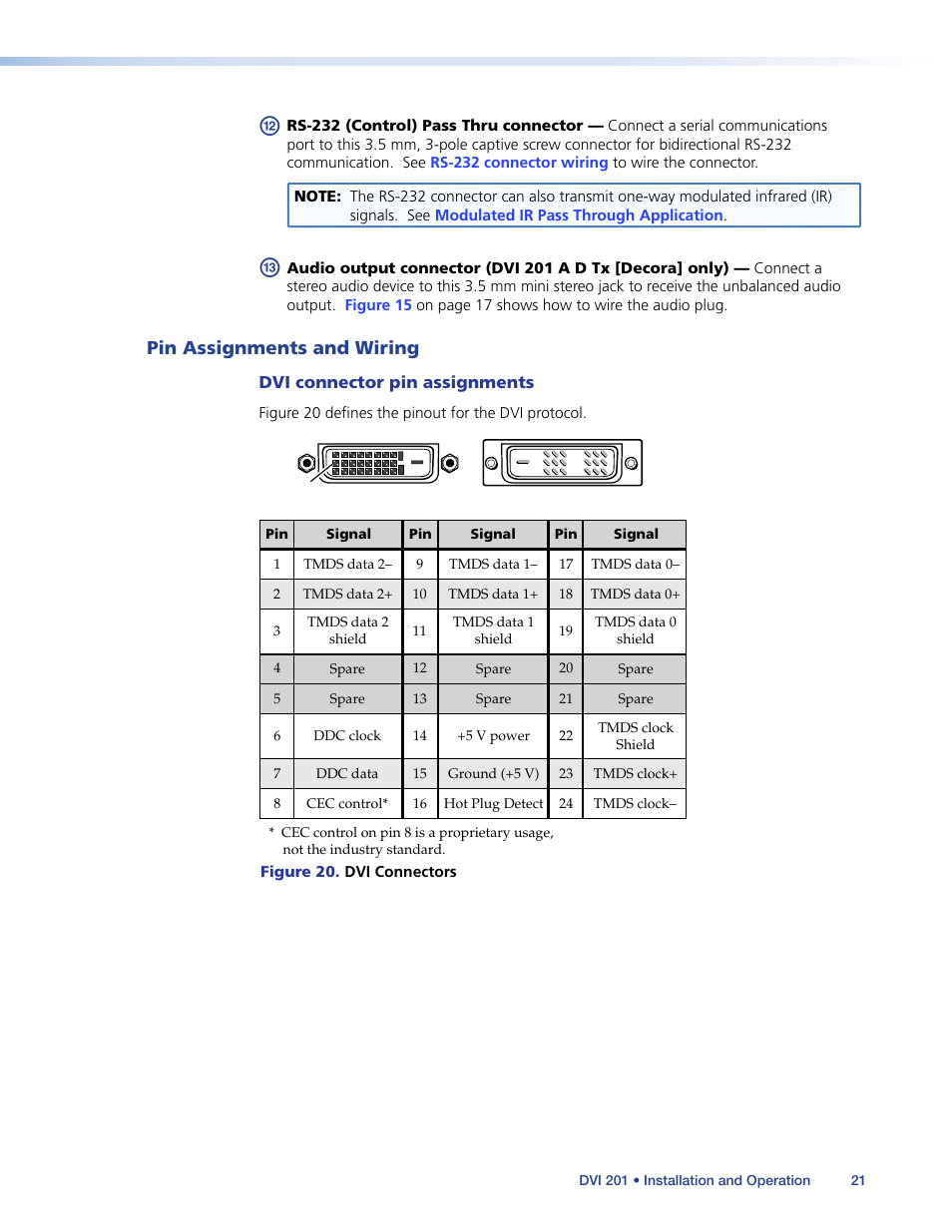 Pin assignments and wiring, Dvi connector pin assignments, For pin | Dvi connector pin, Assignments, For pin assignments, Image. see | Extron Electronics DVI 201 User Guide User Manual | Page 25 / 40