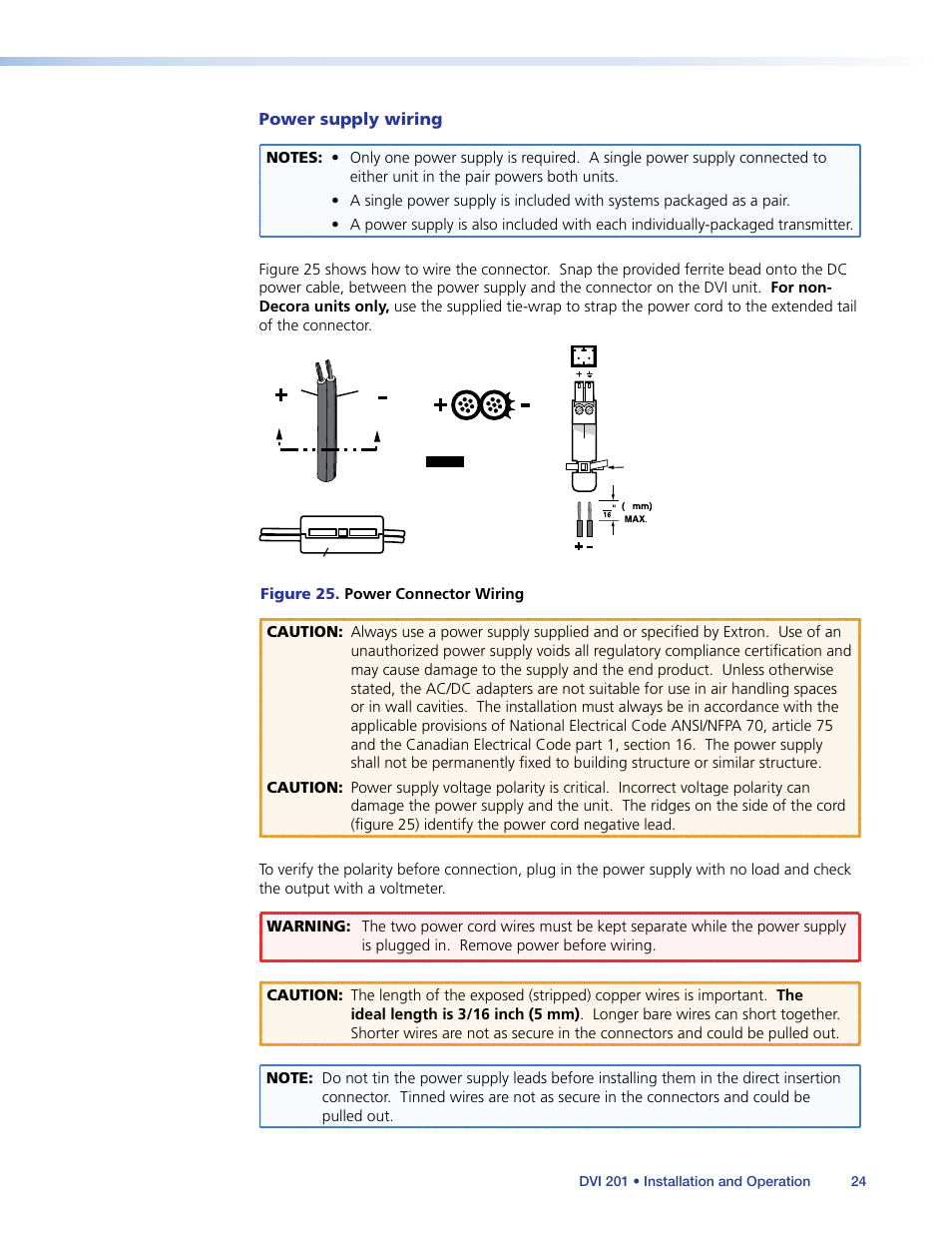 Power supply wiring, To wir | Extron Electronics DVI 201 User Guide User Manual | Page 28 / 40