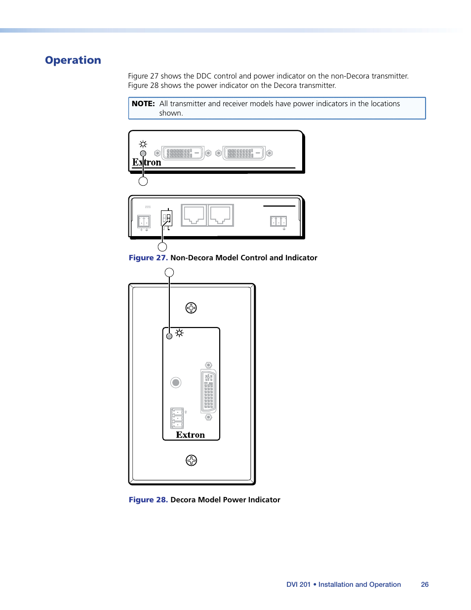 Operation, Figure 27. non-decora model control and indicator, Figure 28. decora model power indicator | Extron Electronics DVI 201 User Guide User Manual | Page 30 / 40