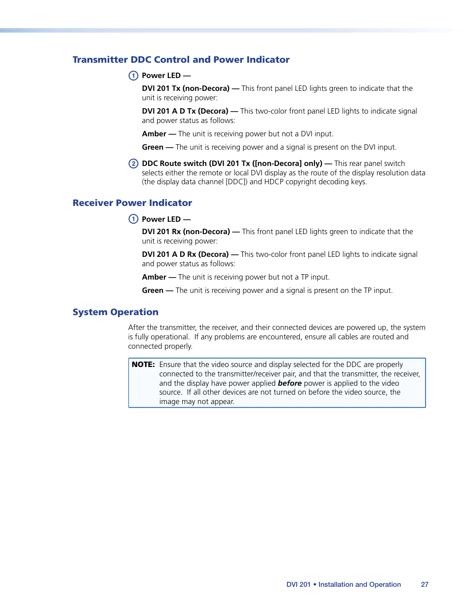 Transmitter ddc control and power indicator, Receiver power indicator, System operation | Transmitter ddc control, And power indicator, Receiver power indicator system operation, Item, Operation | Extron Electronics DVI 201 User Guide User Manual | Page 31 / 40