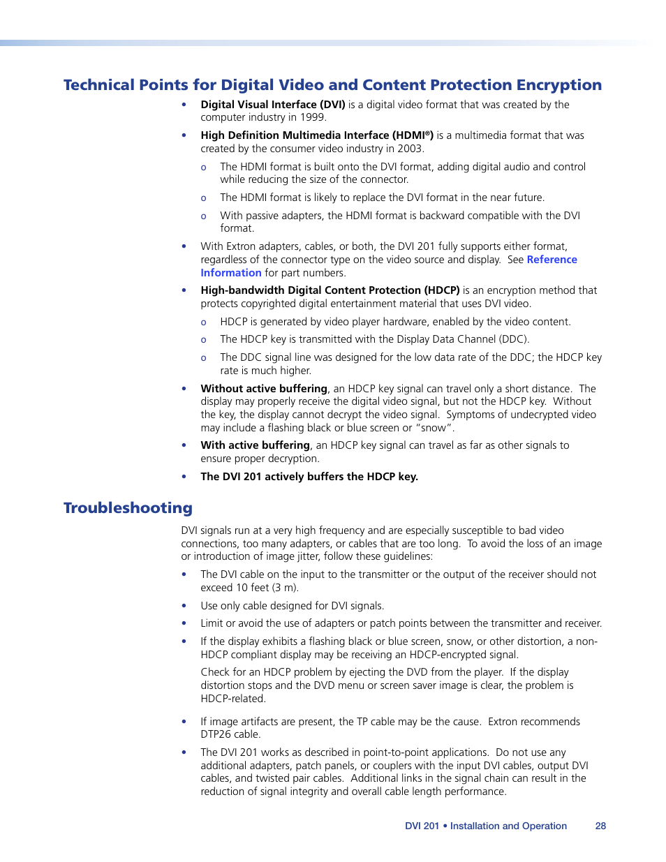 Troubleshooting, Technical points for digital video, And content protection encryption | Extron Electronics DVI 201 User Guide User Manual | Page 32 / 40