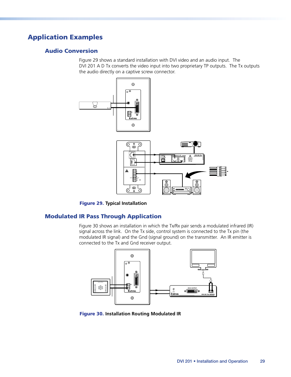 Application examples, Audio conversion, Modulated ir pass through application | Figure 29. typical installation, Figure 30. installation routing modulated ir | Extron Electronics DVI 201 User Guide User Manual | Page 33 / 40