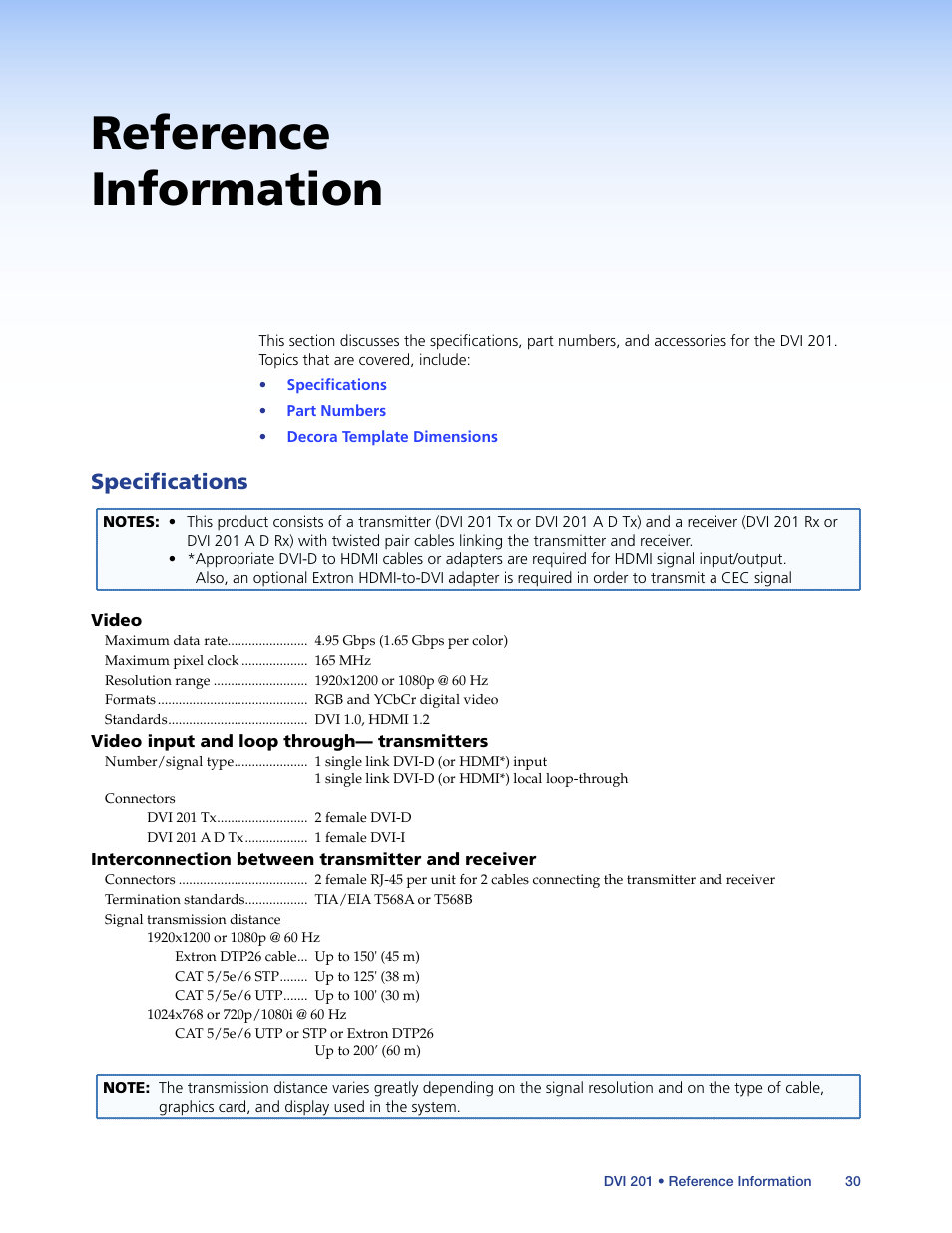 Reference information, Specifications | Extron Electronics DVI 201 User Guide User Manual | Page 34 / 40