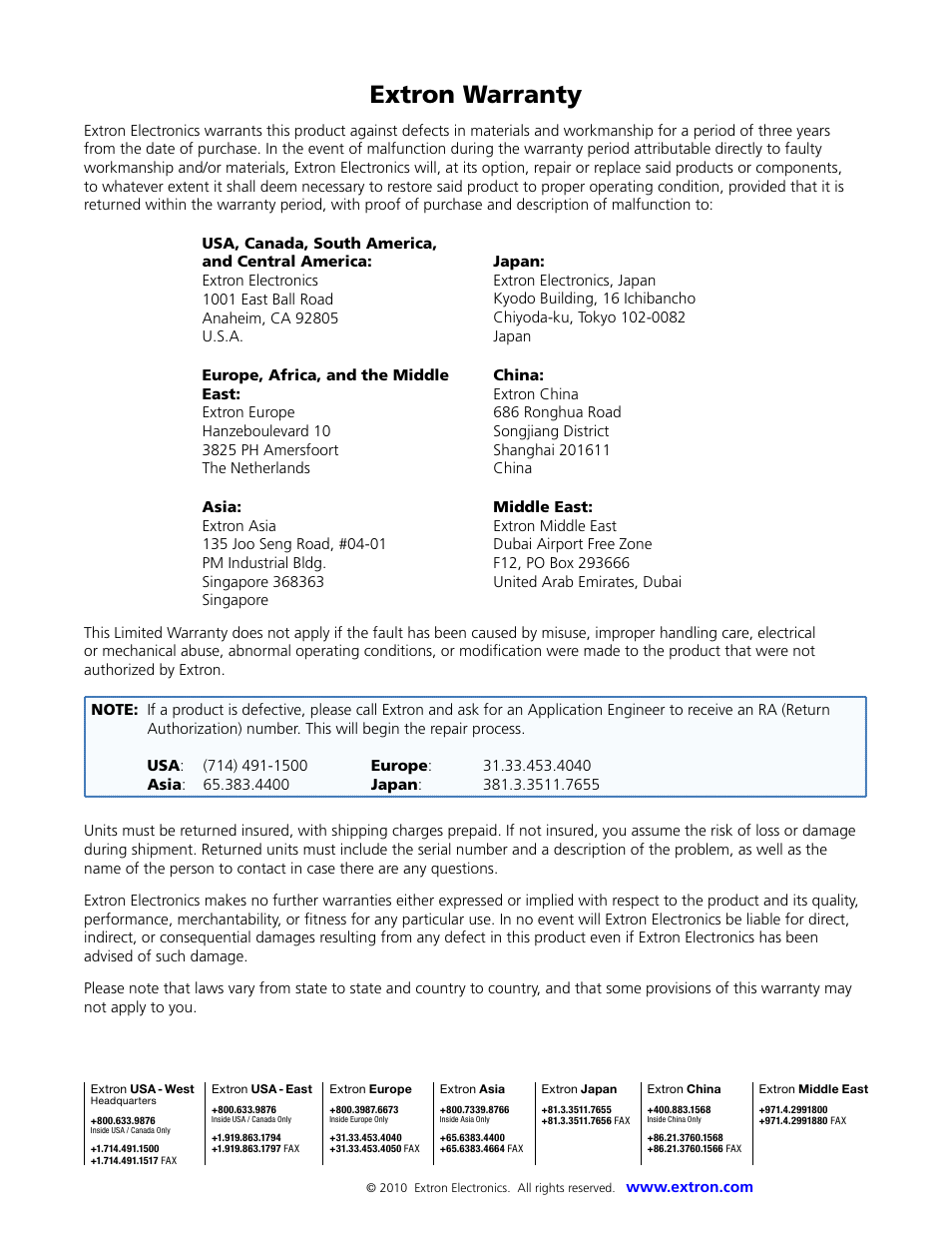 Extron warranty | Extron Electronics DVI 201 User Guide User Manual | Page 40 / 40