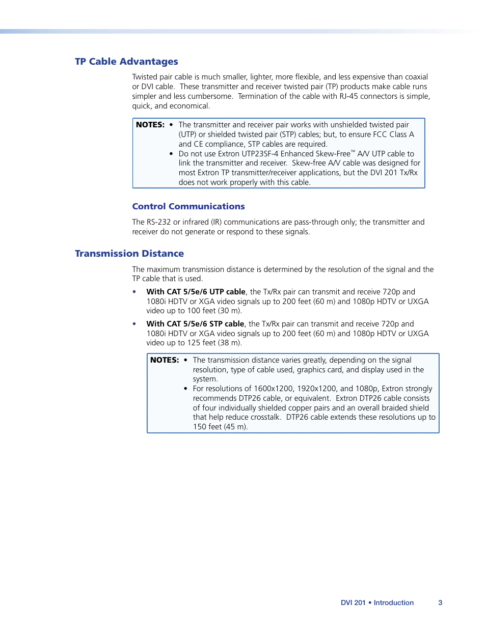Tp cable advantages, Transmission distance, Tp cable advantages transmission distance | Extron Electronics DVI 201 User Guide User Manual | Page 7 / 40