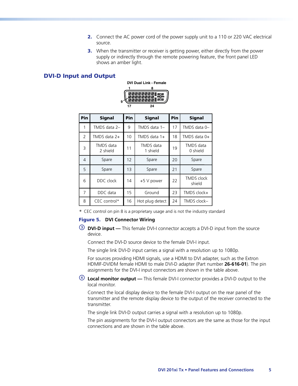 Dvi-d input and output | Extron Electronics DVI 201xi Tx User Guide User Manual | Page 11 / 26