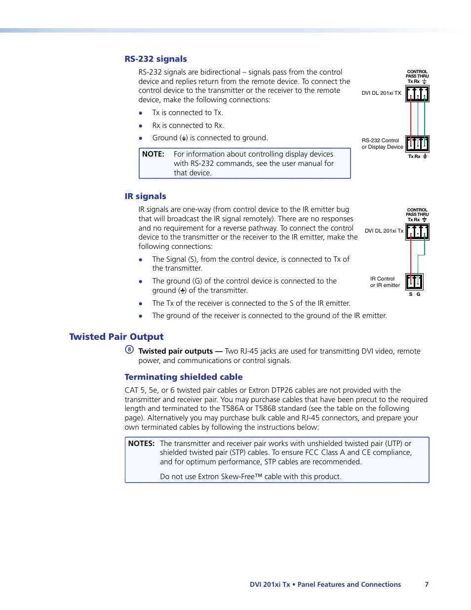 Twisted pair output, Rs-232 signals, Ir signals | Terminating shielded cable | Extron Electronics DVI 201xi Tx User Guide User Manual | Page 13 / 26